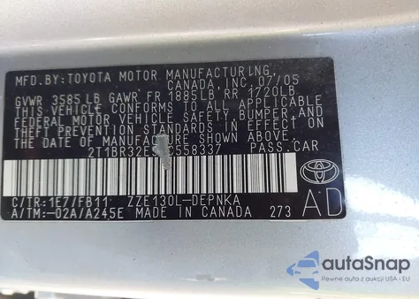 2005 Toyota Corolla Le z USA, uszkodzony, nr VIN 2T1BR32E95C558337